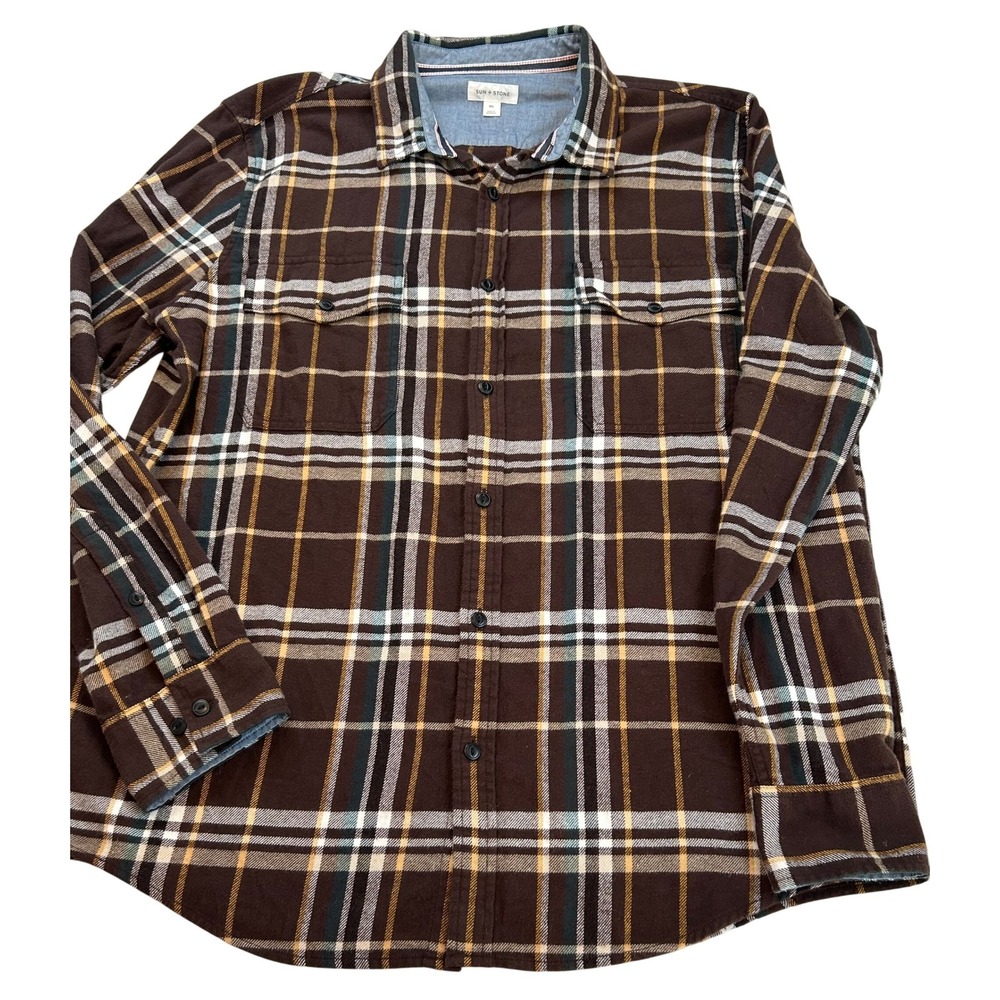SUN + STONE Mens Plaid Flannel Shirt Long Sleeve Button Up Casual Size XXL Brown